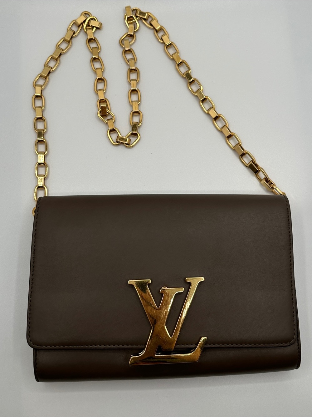 Louis Vuitton Louise Chain Wallet Smooth Calfskin Leather Taupe Brown Gold